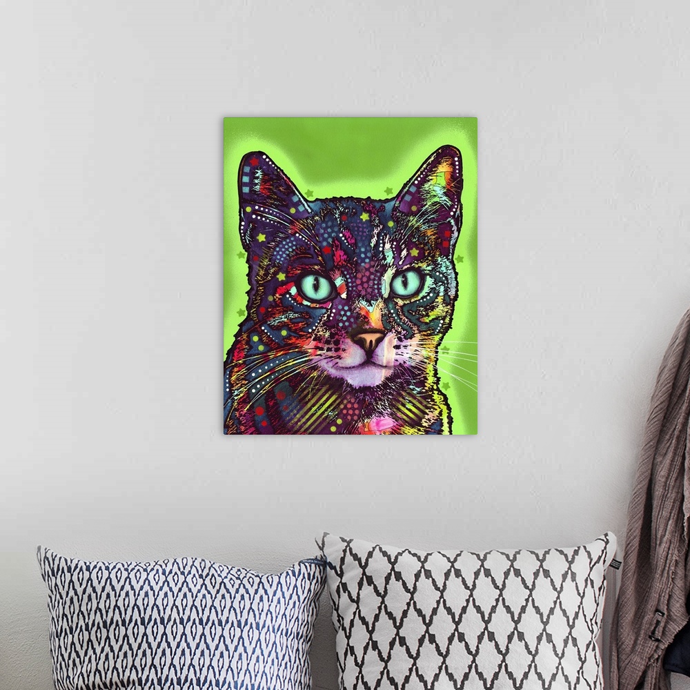 A bohemian room featuring Graffiti style art with an illustration of a cat in different colors on a green background with a...