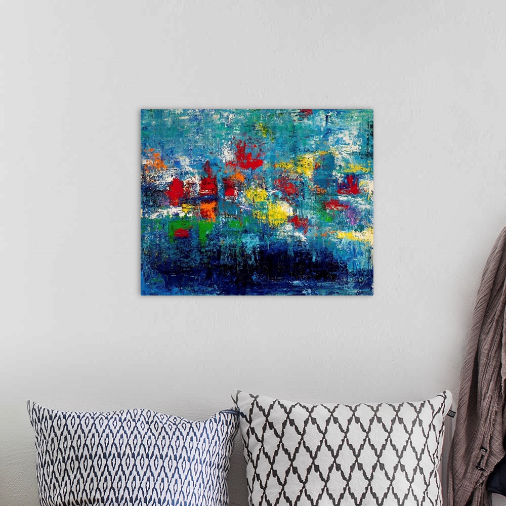 A bohemian room featuring Contemporary abstract painting in rainbow colors.