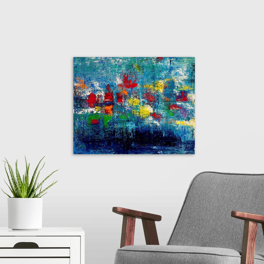 A modern room featuring Contemporary abstract painting in rainbow colors.
