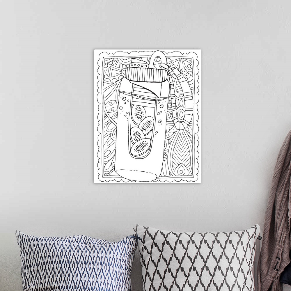 A bohemian room featuring Black and white line art of a water bottle on an intricately designed background.