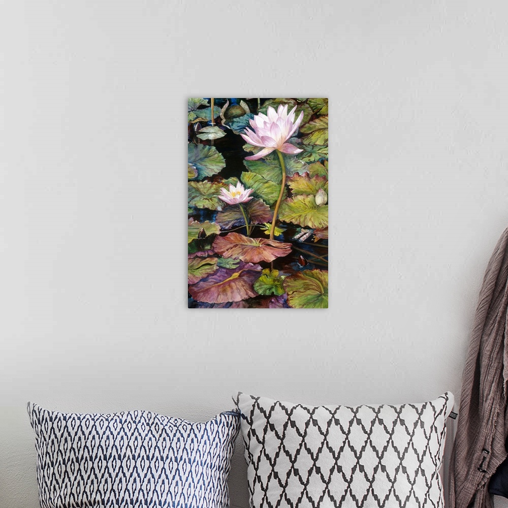 A bohemian room featuring Colorful contemporary painting of light pink waterlilies standing up in a pond surrounded by lily...