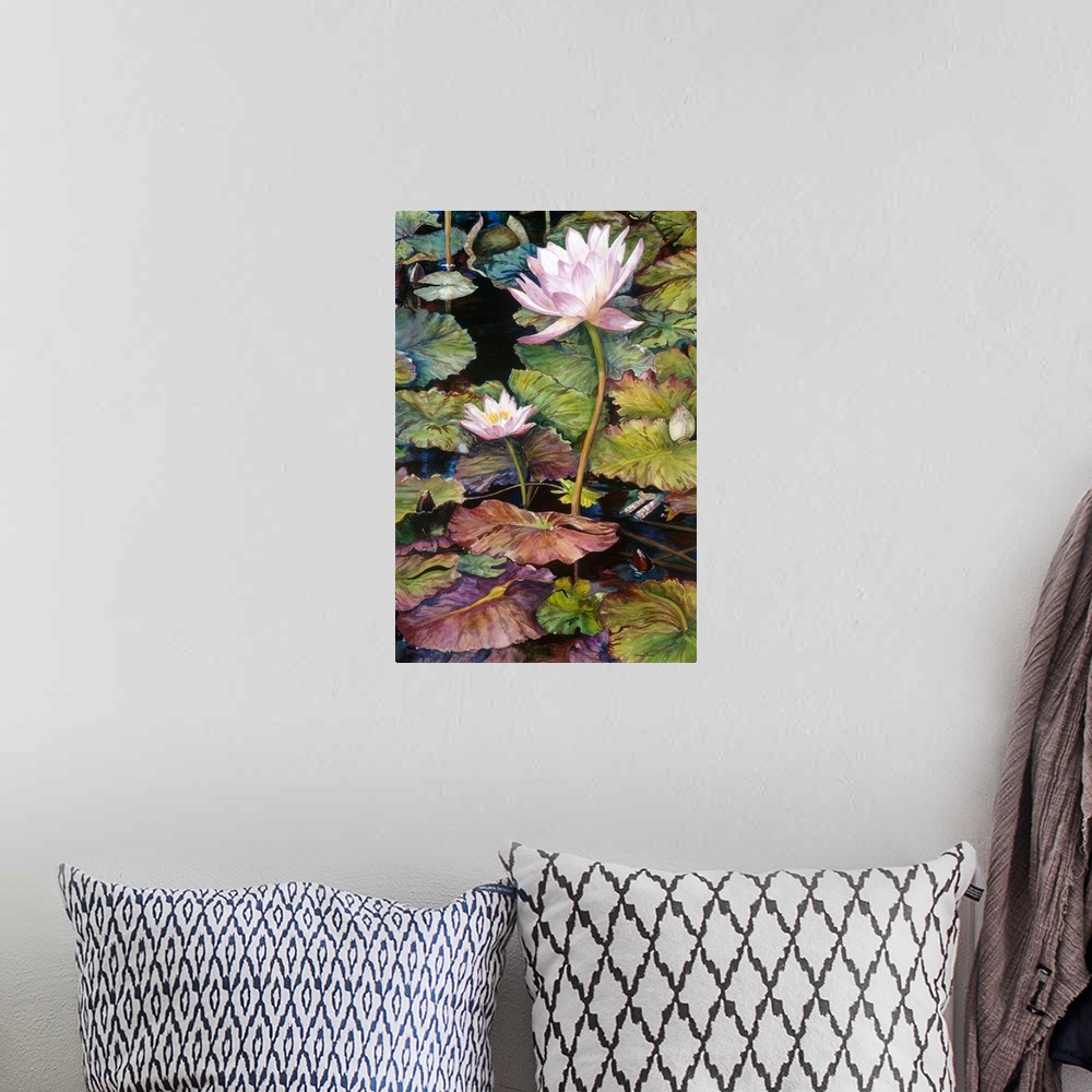 A bohemian room featuring Colorful contemporary painting of light pink waterlilies standing up in a pond surrounded by lily...