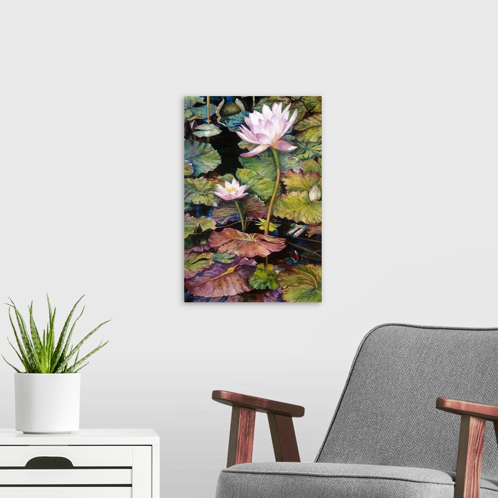 A modern room featuring Colorful contemporary painting of light pink waterlilies standing up in a pond surrounded by lily...