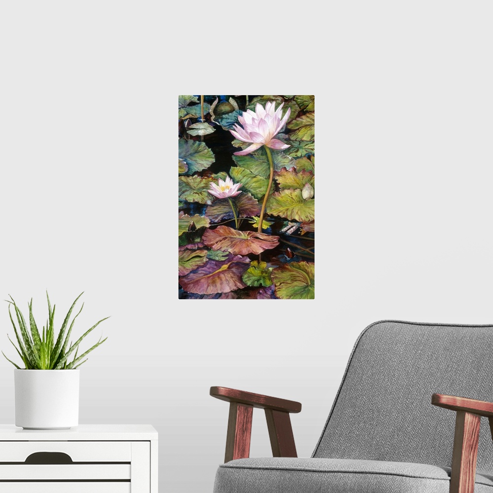 A modern room featuring Colorful contemporary painting of light pink waterlilies standing up in a pond surrounded by lily...