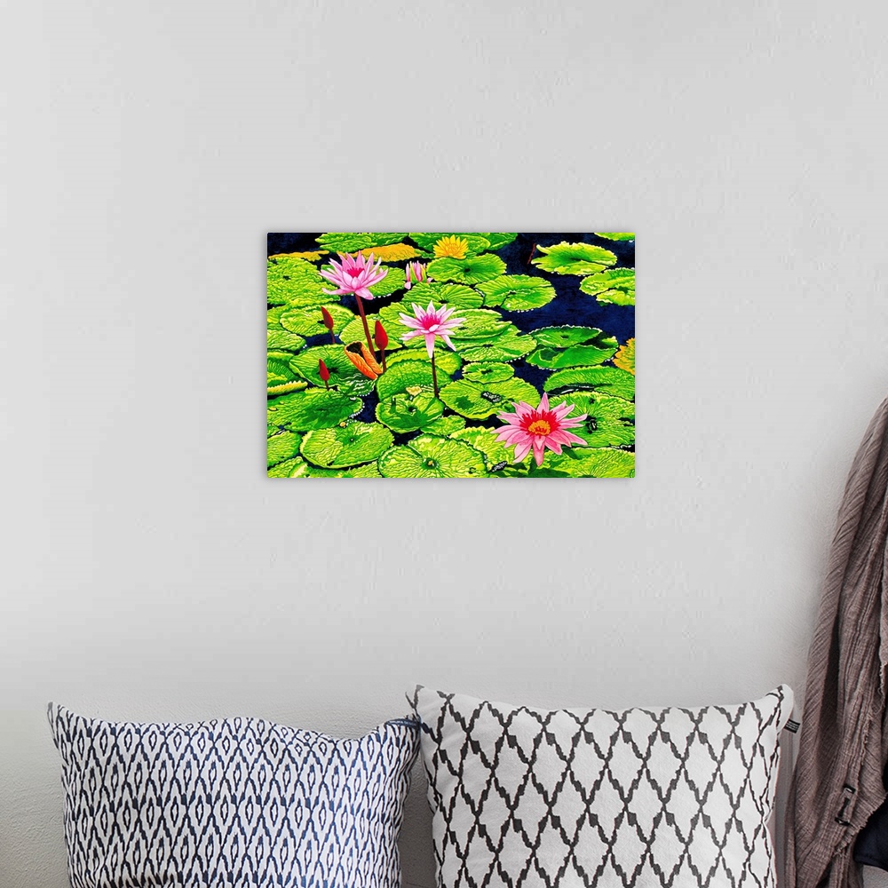 A bohemian room featuring Contemporary painting of a flowering water lilies in a pond.