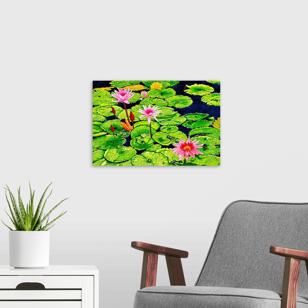 A modern room featuring Contemporary painting of a flowering water lilies in a pond.