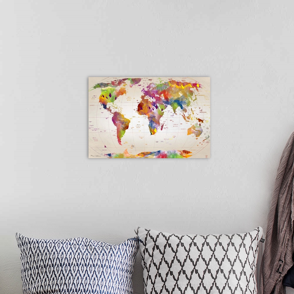 A bohemian room featuring Contemporary artwork of a world map in watercolor, against a rustic background.