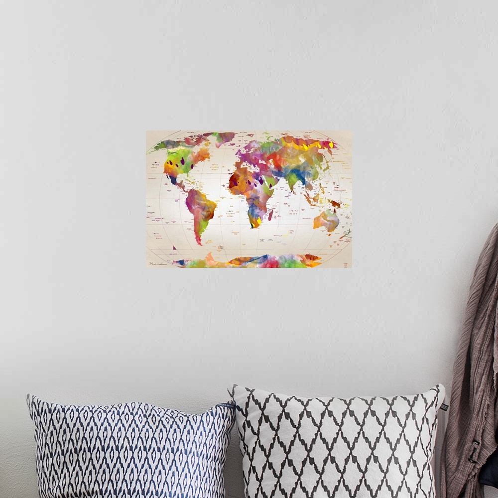 A bohemian room featuring Contemporary artwork of a world map in watercolor, against a rustic background.