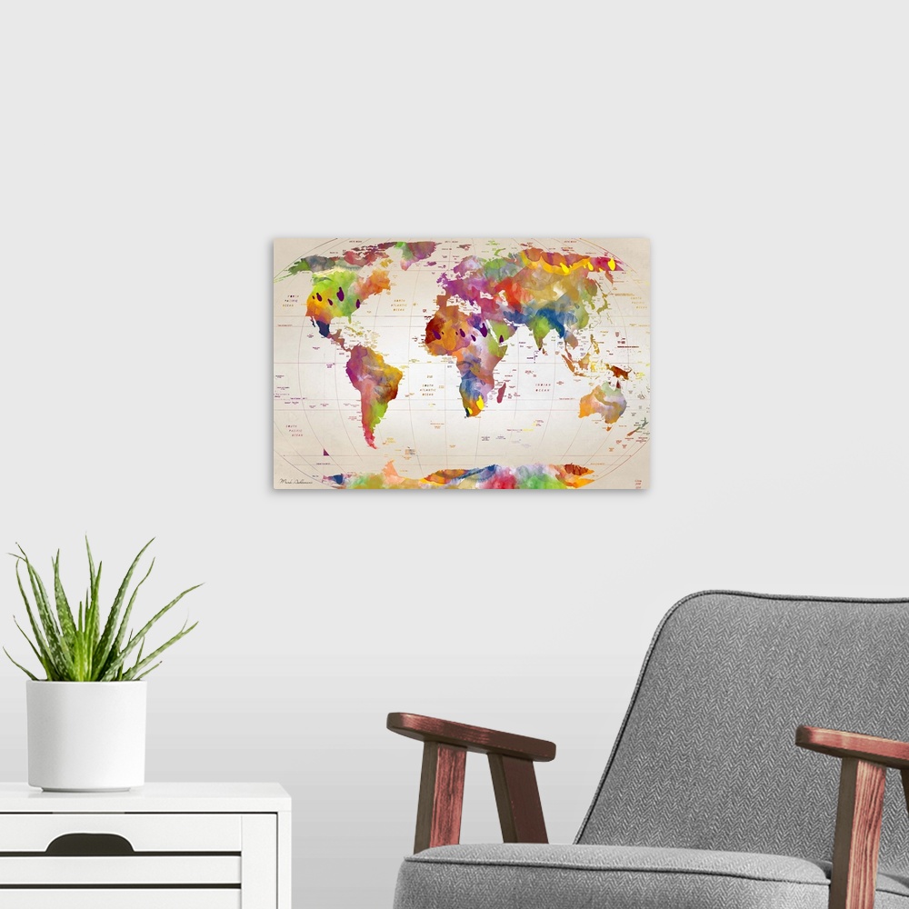 A modern room featuring Contemporary artwork of a world map in watercolor, against a rustic background.
