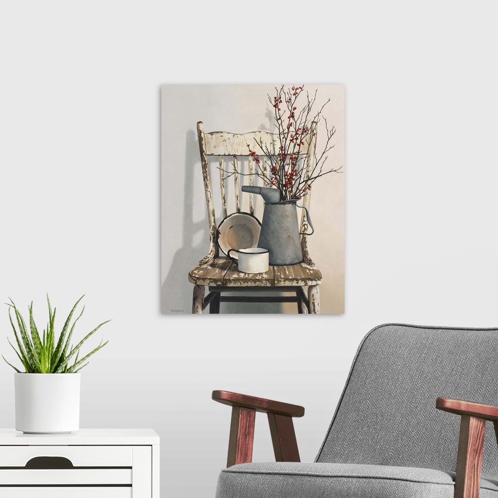 A modern room featuring Contemporary still-life painting of rustic objects sitting on a rustic chair.