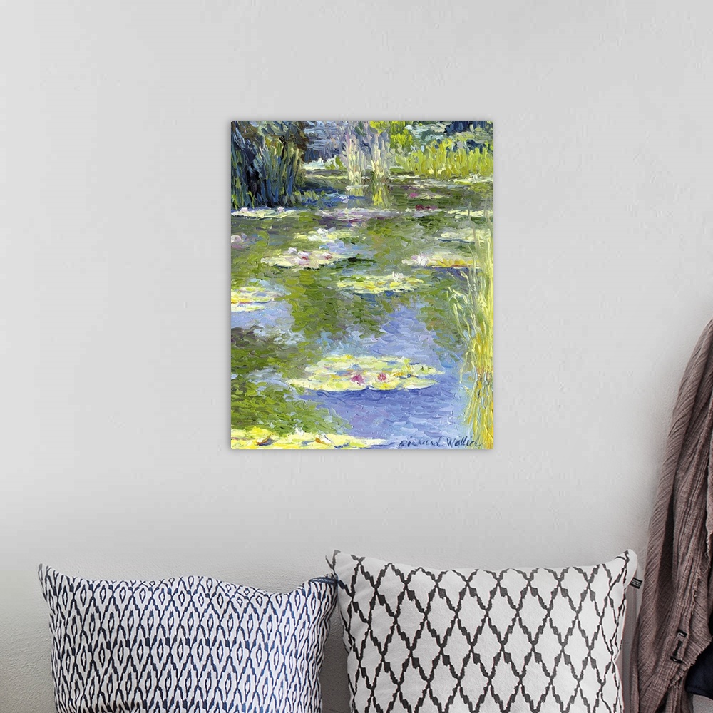 A bohemian room featuring Contemporary colorful painting of waterlilies in a pond.