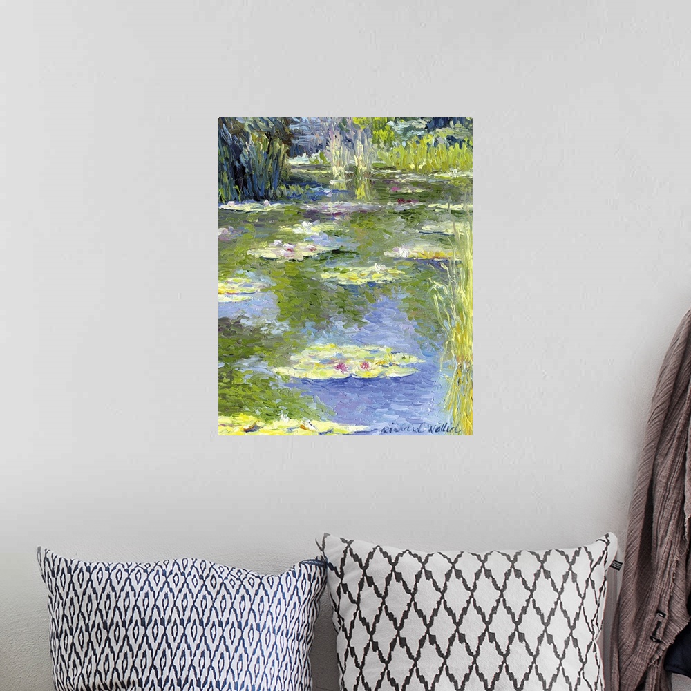 A bohemian room featuring Contemporary colorful painting of waterlilies in a pond.