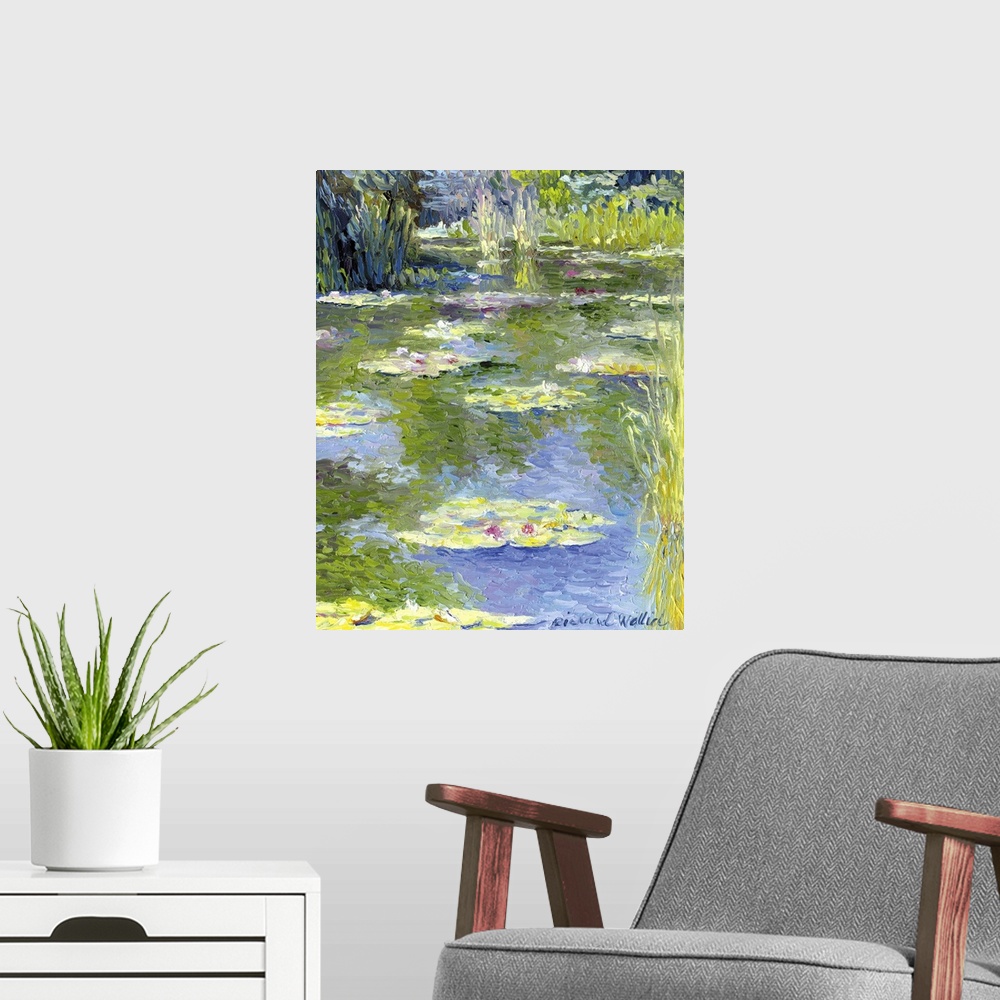 A modern room featuring Contemporary colorful painting of waterlilies in a pond.