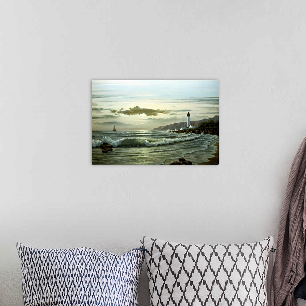 A bohemian room featuring Contemporary painting of waves crashing on the coastline at twilight, with a lighthouse and boat ...