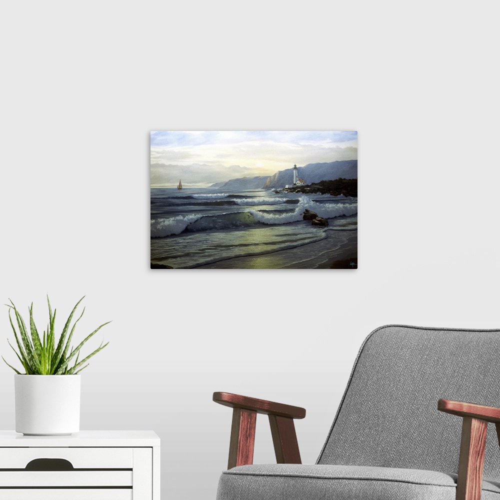 A modern room featuring Contemporary painting of waves crashing on the coastline at twilight, with a lighthouse in the di...