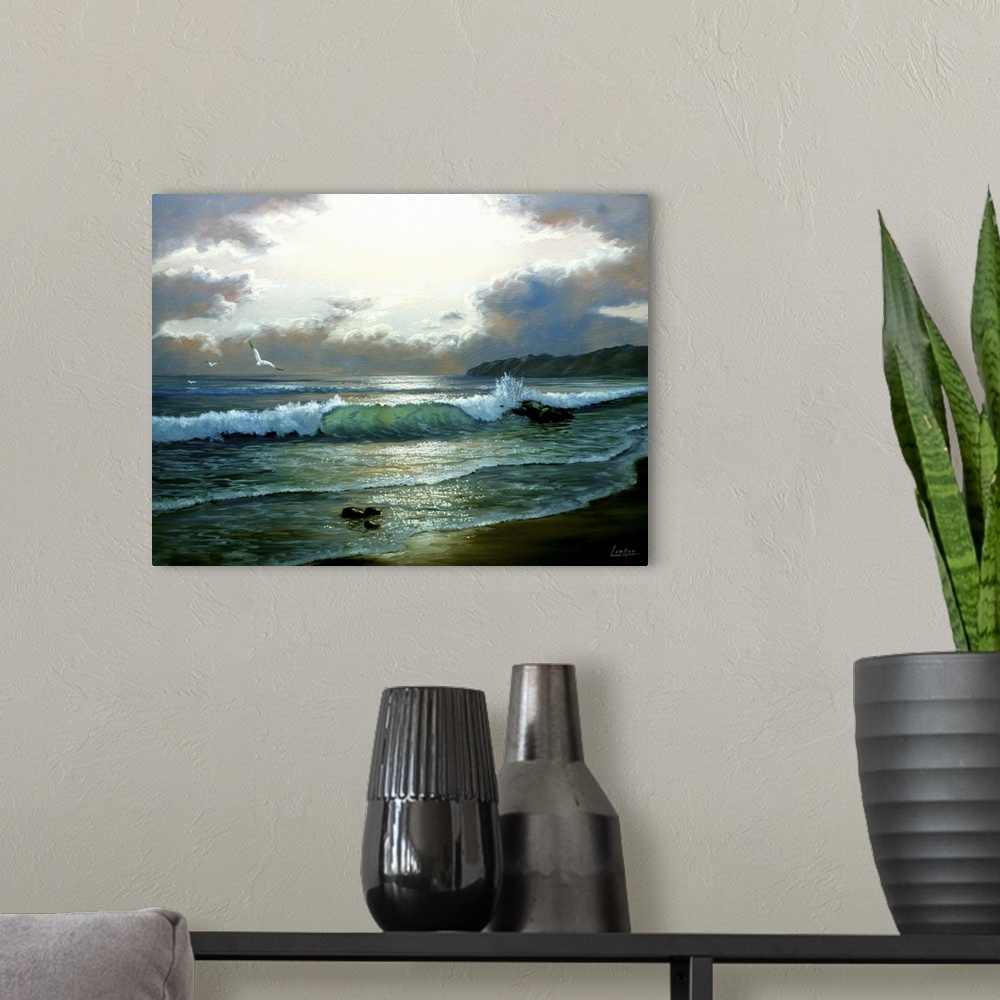 A modern room featuring Contemporary painting of waves crashing by the beach, with clouds parting.