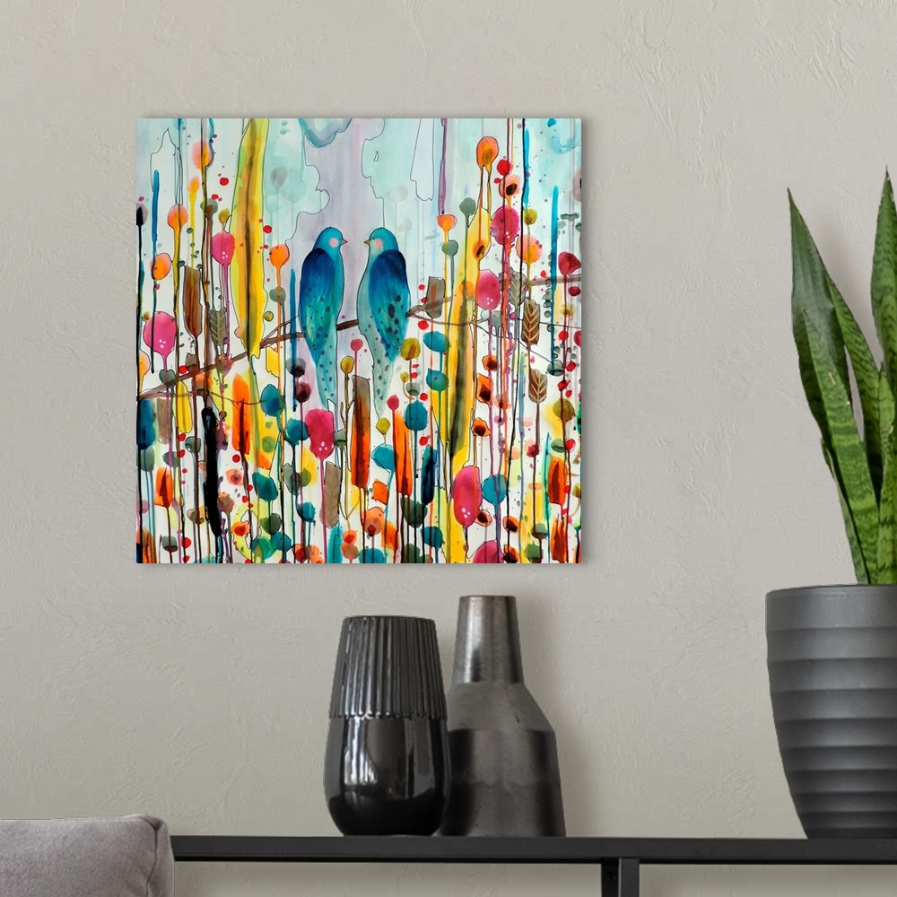 A modern room featuring Colorful contemporary watercolor painting of two blue birds perched on a branch against a colorfu...