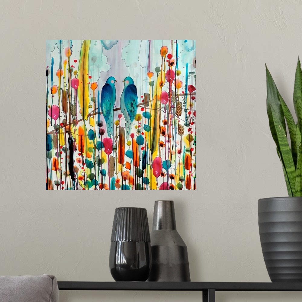 A modern room featuring Colorful contemporary watercolor painting of two blue birds perched on a branch against a colorfu...