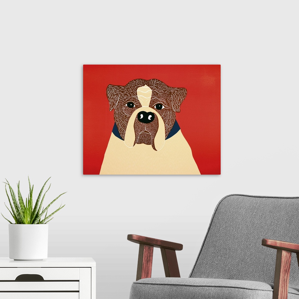 A modern room featuring Illustrated portrait of a boxer on a red background.