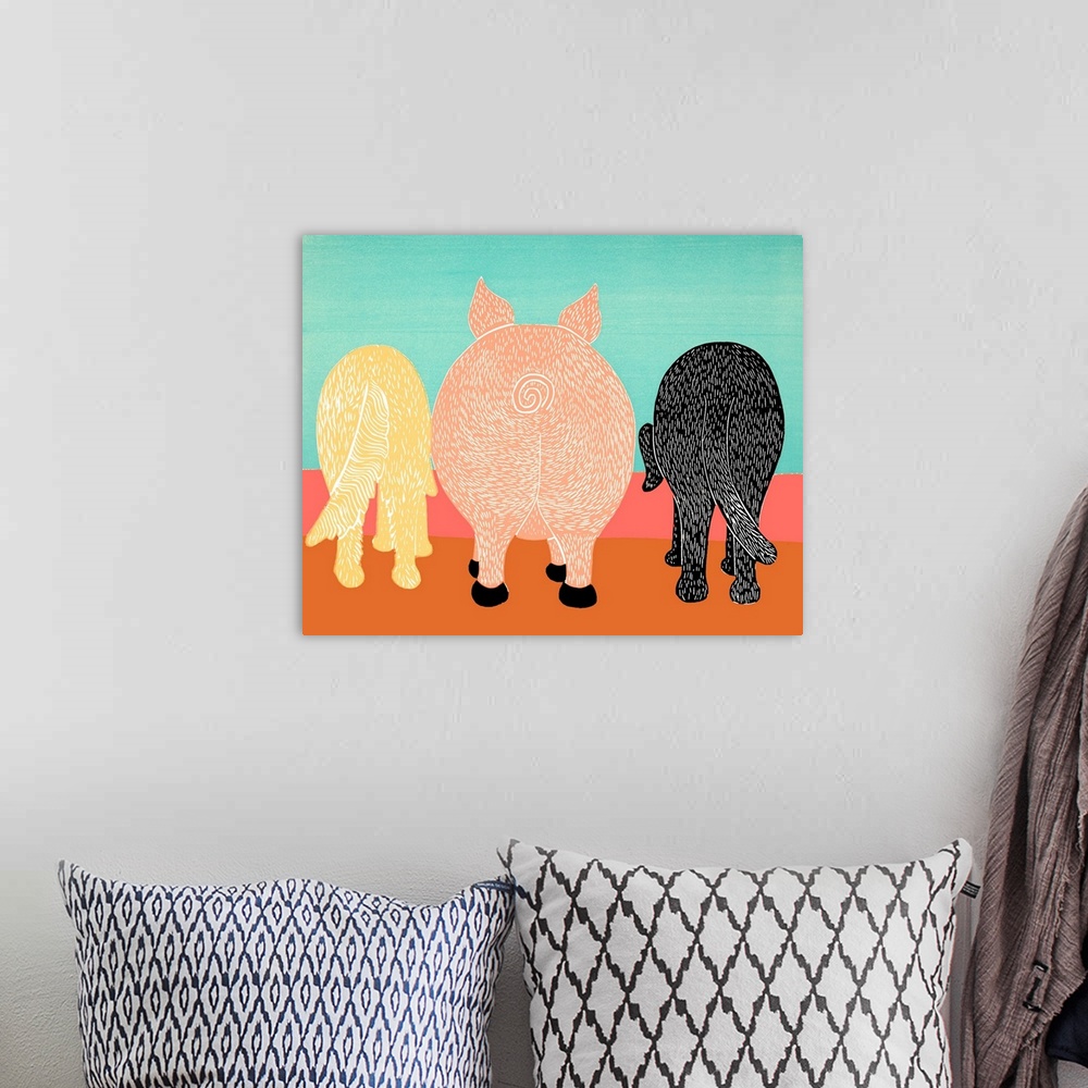 A bohemian room featuring Illustration of a golden retriever, pig, and black lab from the back.