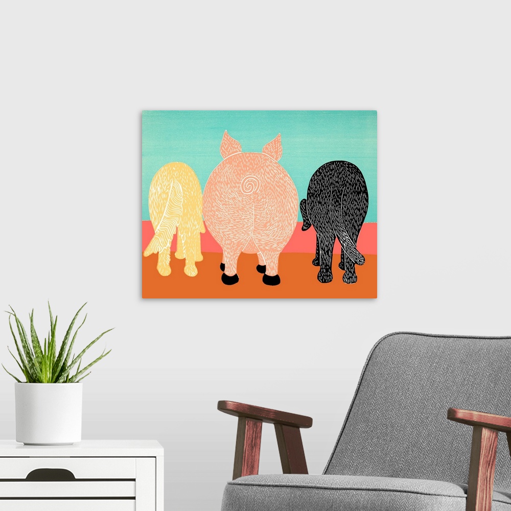 A modern room featuring Illustration of a golden retriever, pig, and black lab from the back.