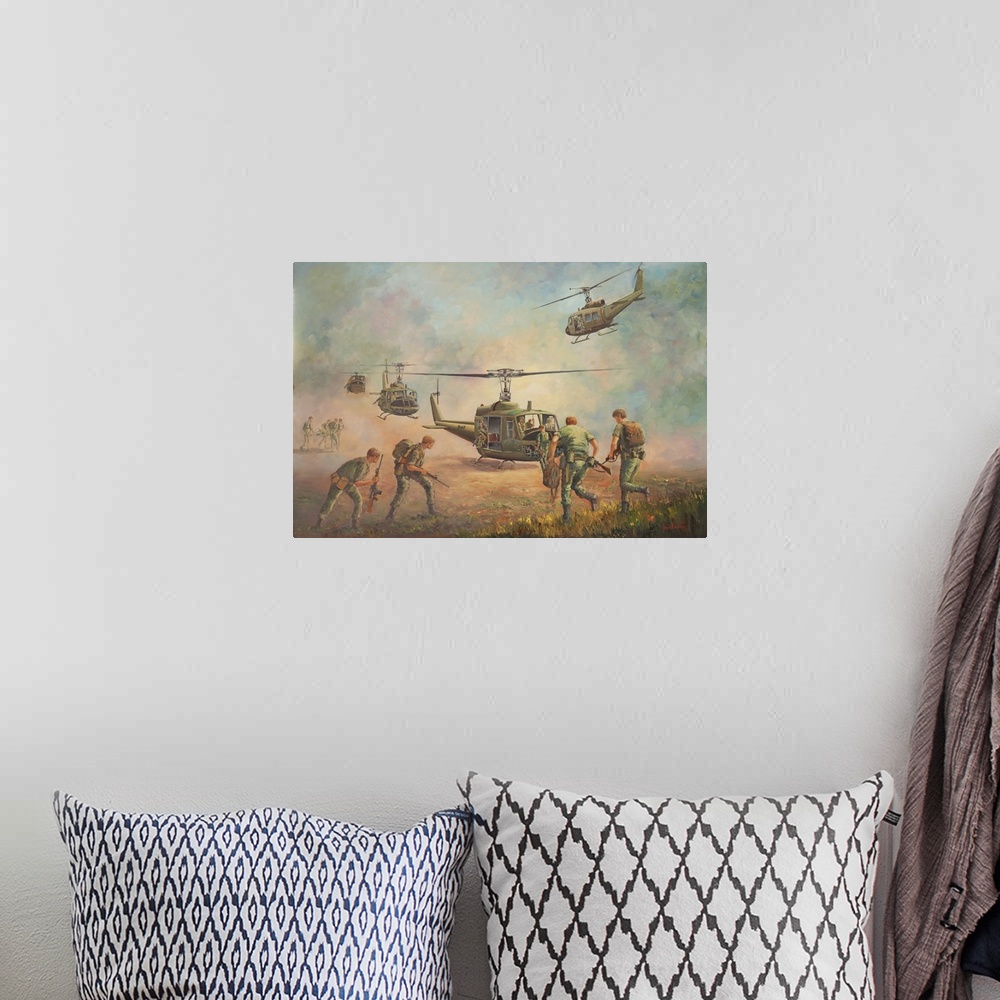 A bohemian room featuring Contemporary painting of military helicopters in the heat of battle.