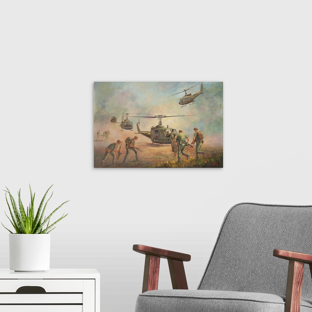 A modern room featuring Contemporary painting of military helicopters in the heat of battle.