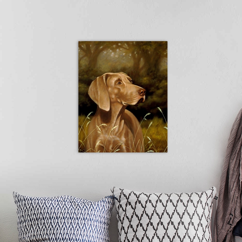 A bohemian room featuring Contemporary painting of a weimaraner.