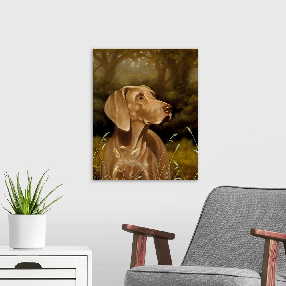 A modern room featuring Contemporary painting of a weimaraner.