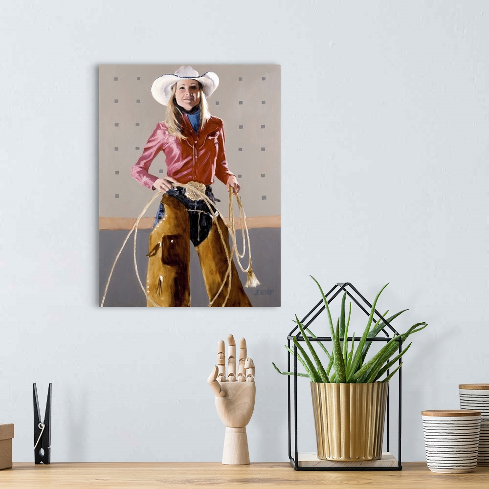 A bohemian room featuring Contemporary western theme painting of a cowgirl holding a lasso up.