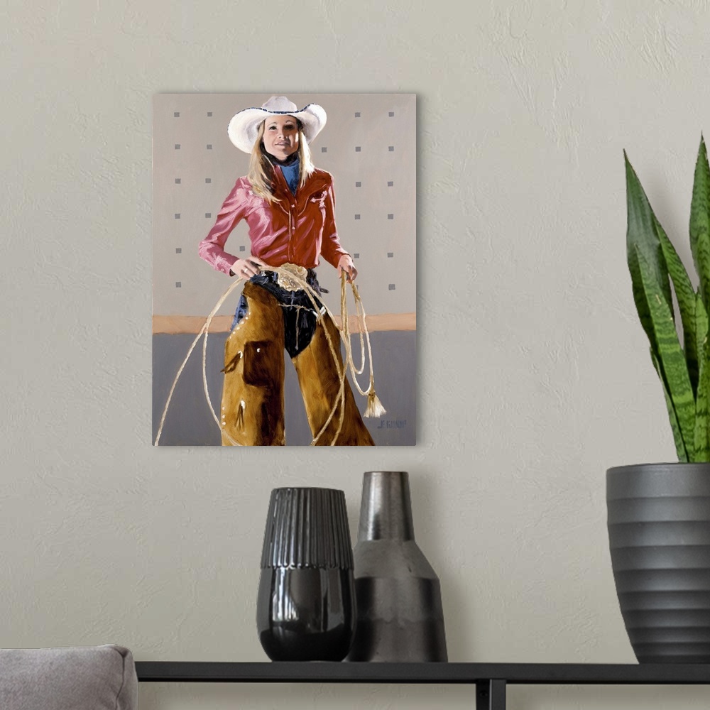 A modern room featuring Contemporary western theme painting of a cowgirl holding a lasso up.