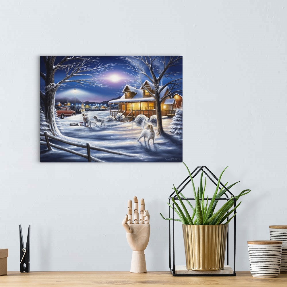 A bohemian room featuring A contemporary idyllic painting of a countryside cottage in winter covered with fresh powdery snow.