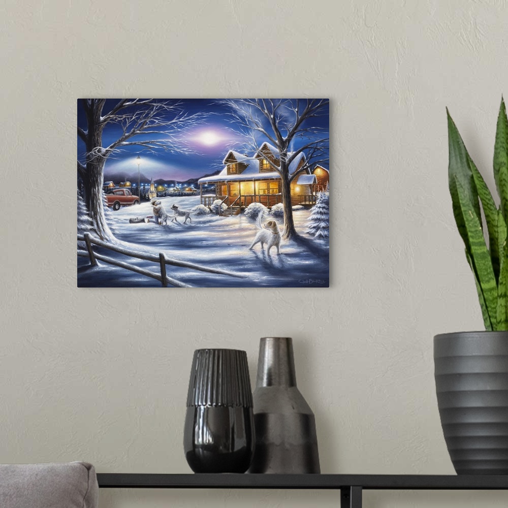 A modern room featuring A contemporary idyllic painting of a countryside cottage in winter covered with fresh powdery snow.