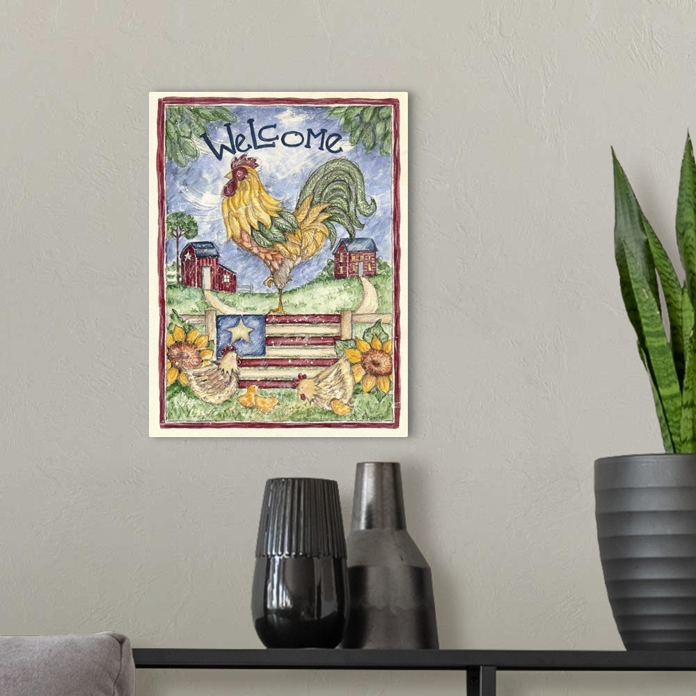 A modern room featuring Welcome Rooster