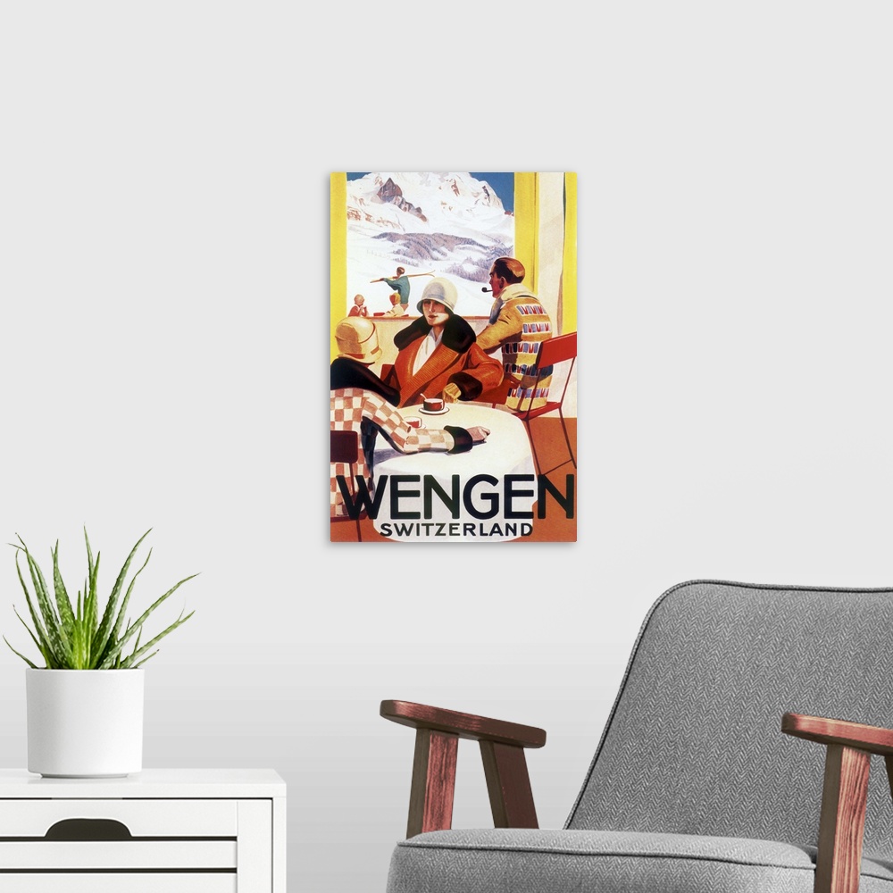 A modern room featuring Vintage poster advertisement for Wengen