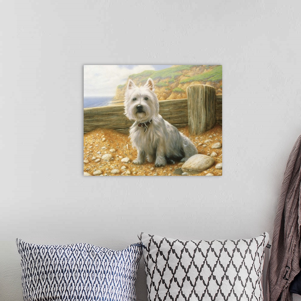 A bohemian room featuring Contemporary painting of a westie.