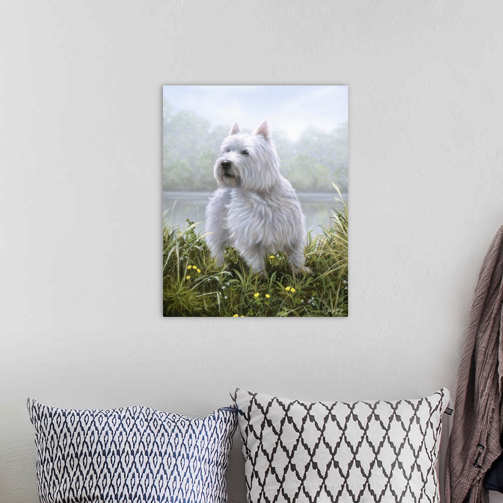 A bohemian room featuring Contemporary painting of a Westie sitting in a field of tall grass.