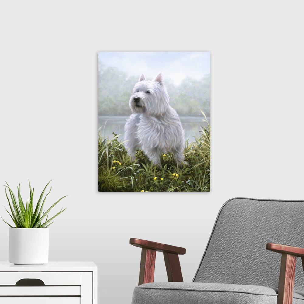 A modern room featuring Contemporary painting of a Westie sitting in a field of tall grass.