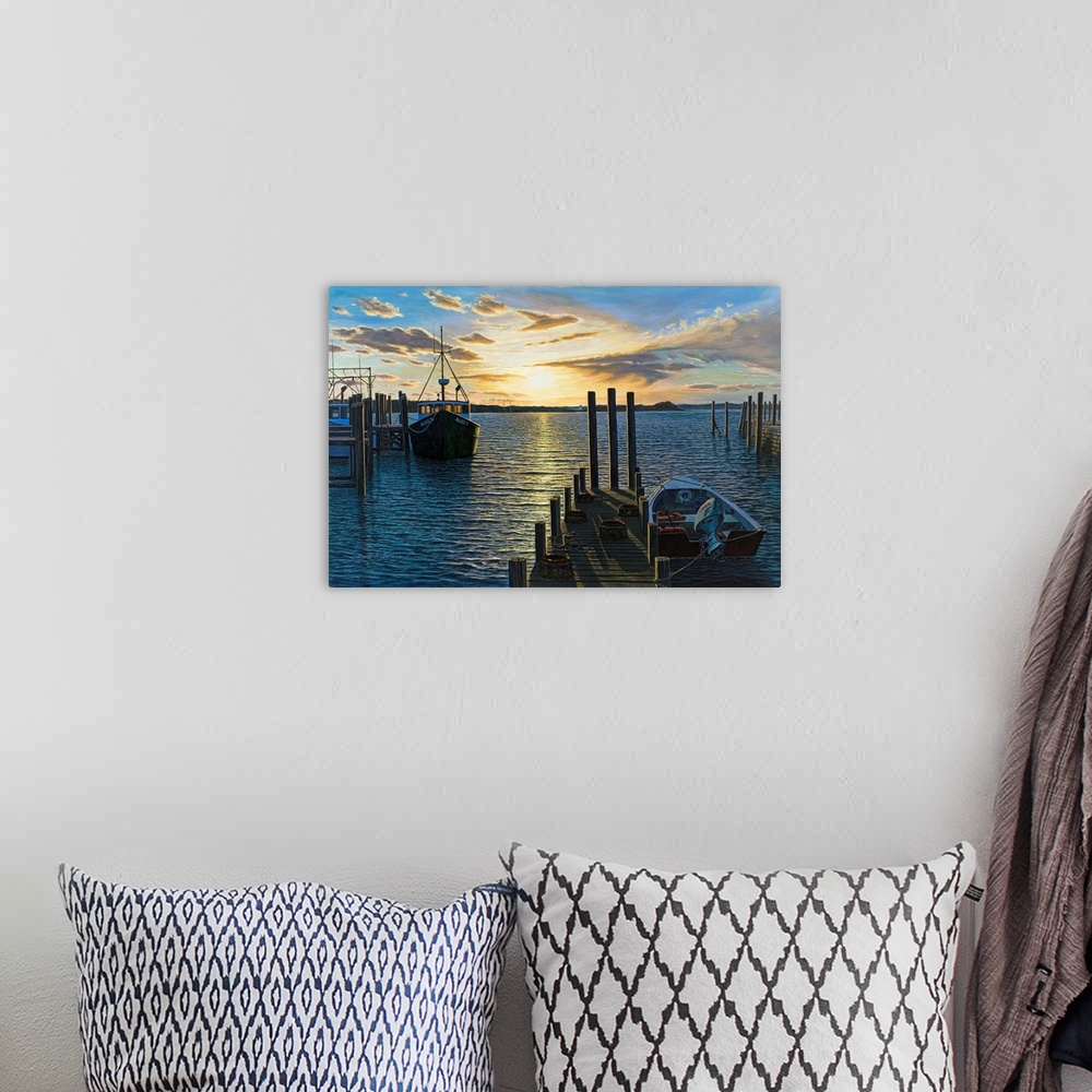 A bohemian room featuring Contemporary painting of Westport Harbor, MA at sunrise with boats.