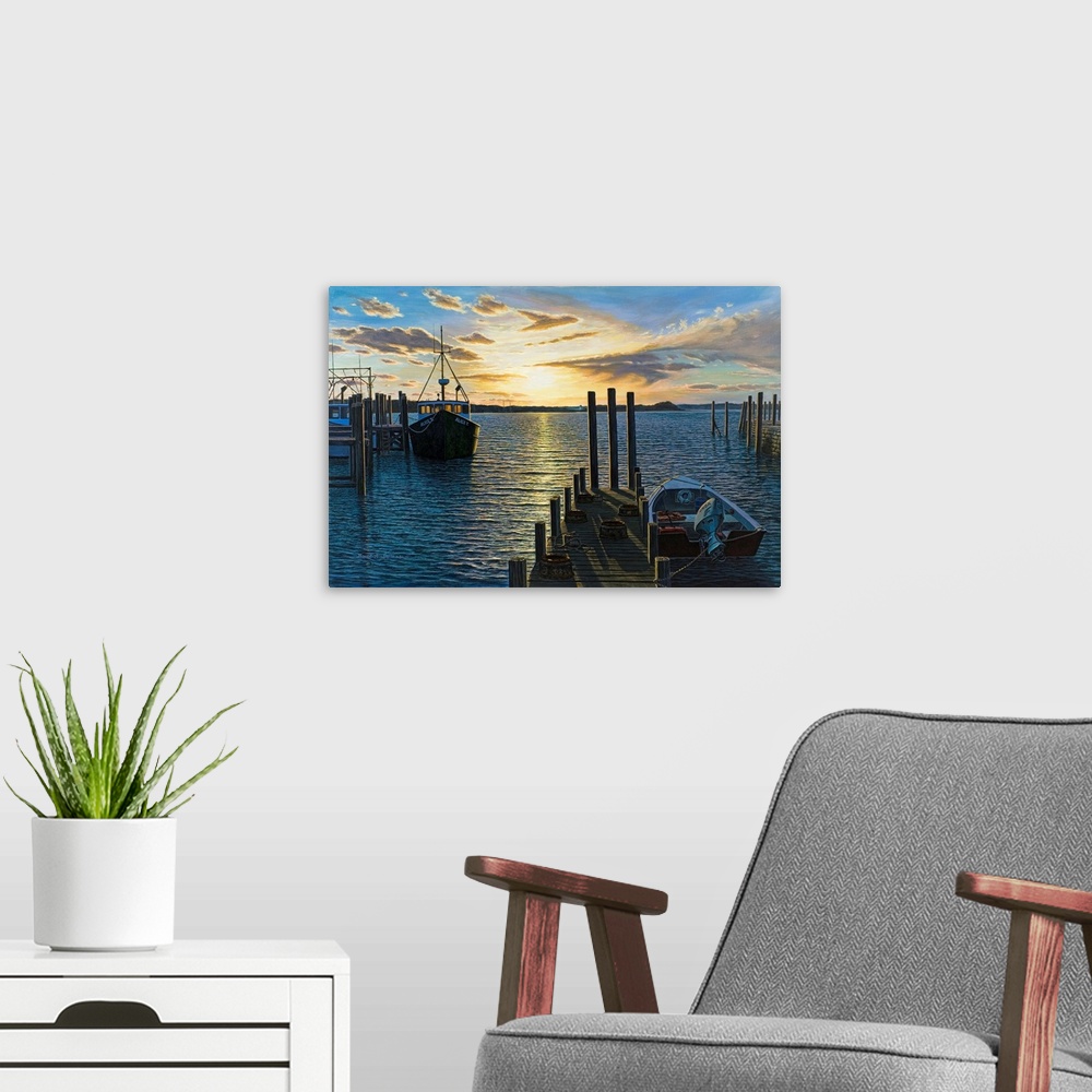 A modern room featuring Contemporary painting of Westport Harbor, MA at sunrise with boats.