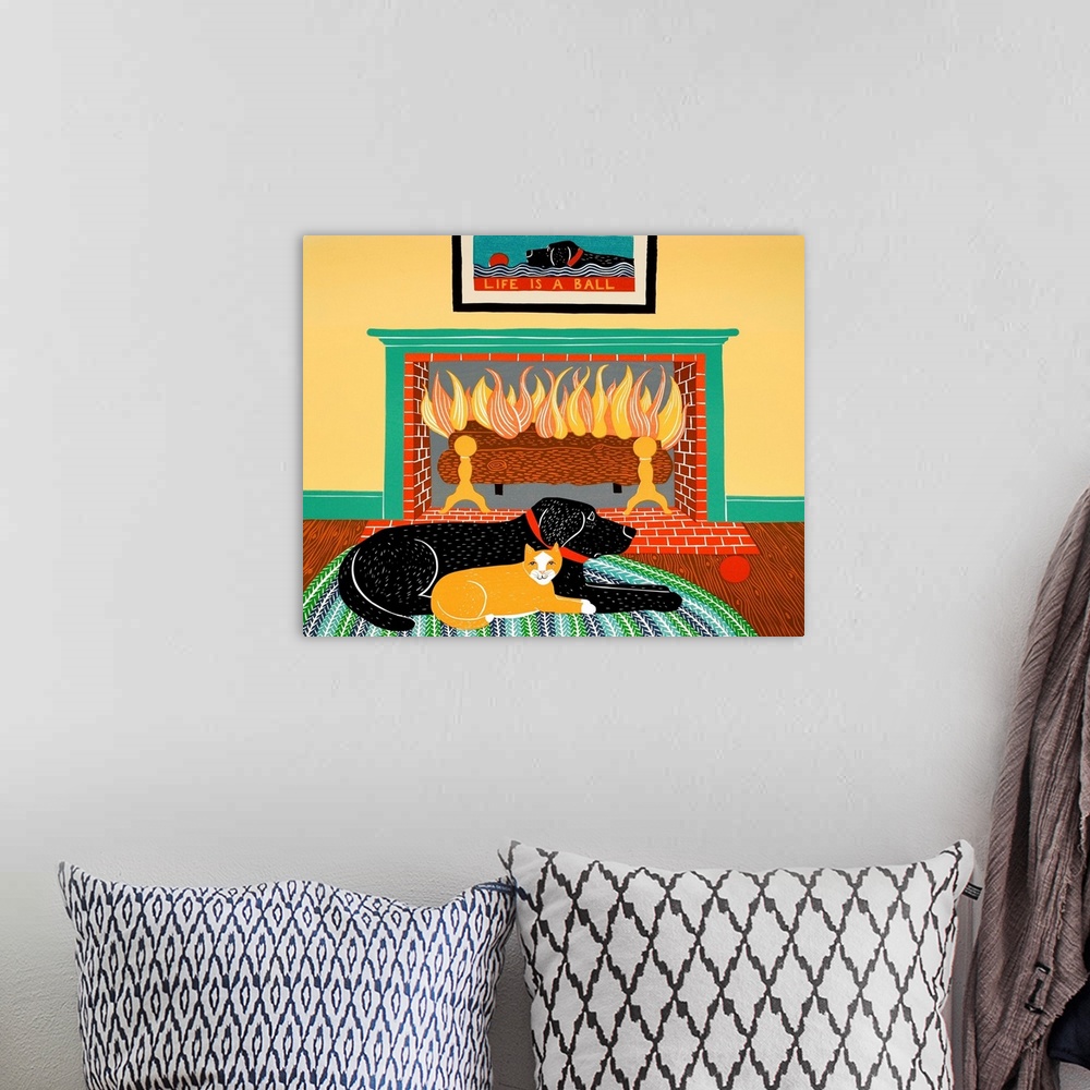 A bohemian room featuring Illustration of a black lab laying on a rug in front of a fireplace with an orange cat.