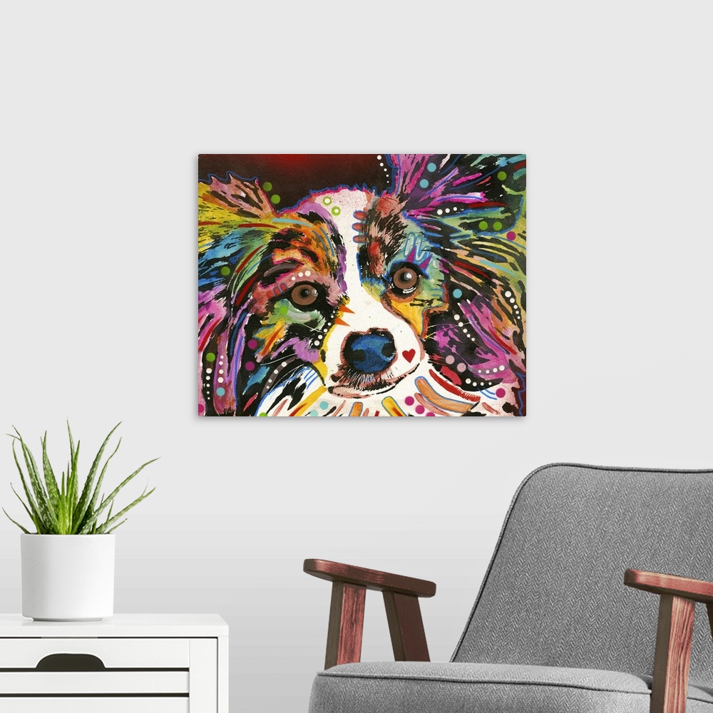 A modern room featuring Colorful painting of a Papillon with geometric markings on a deep red and black background.