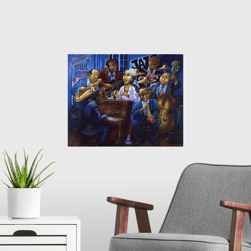 A modern room featuring Billie Holiday singing the blues.