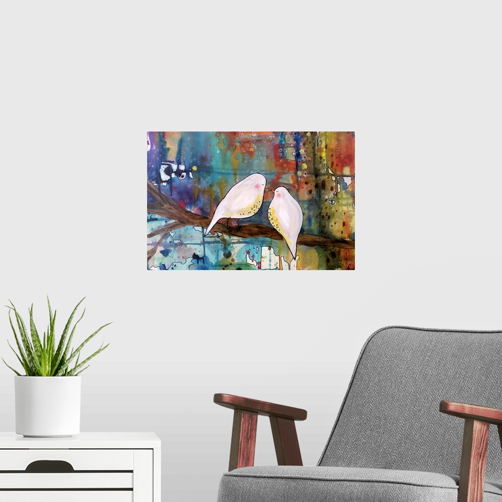 A modern room featuring Colorful contemporary painting of two white birds on a branch against a colorful background.