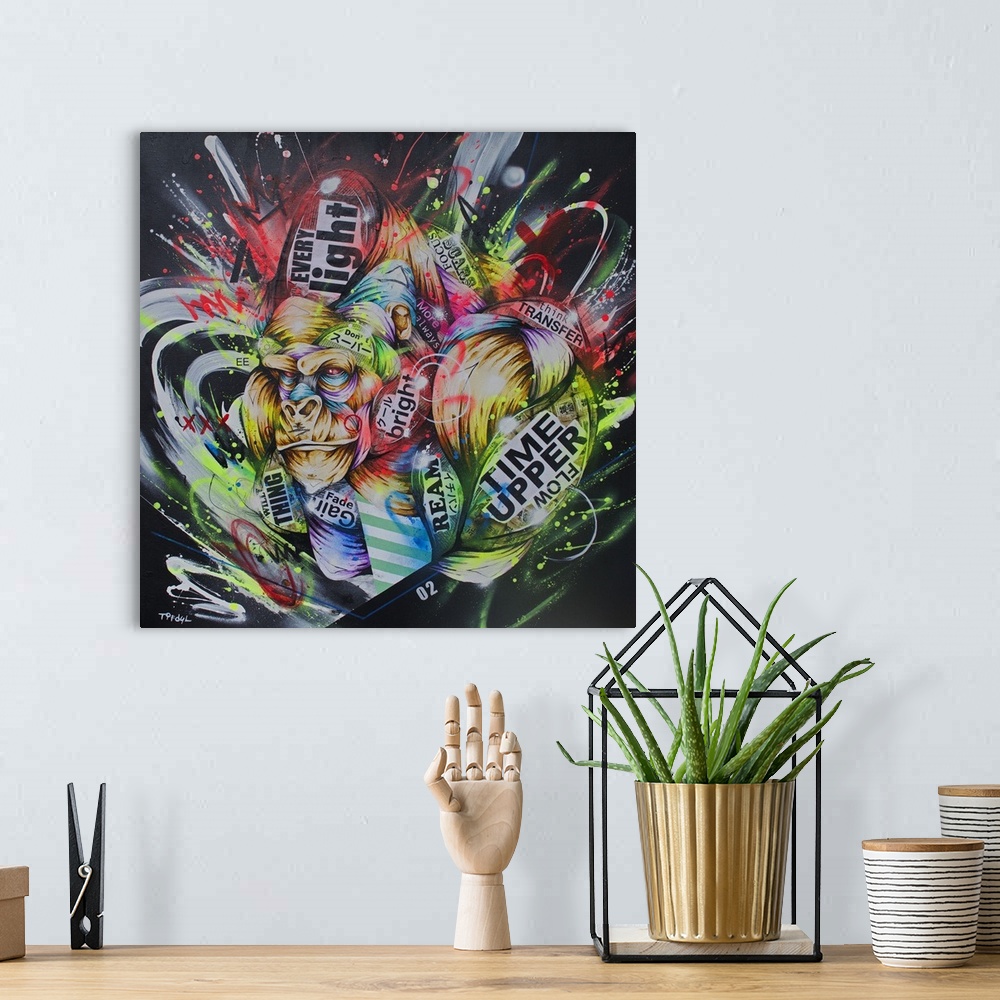 A bohemian room featuring Contemporary artwork with a vibrant urban art feel, using wild colors and shapes.