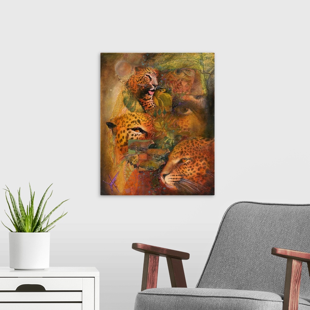 A modern room featuring Contemporary painting of jungle cats and jungle floral elements.