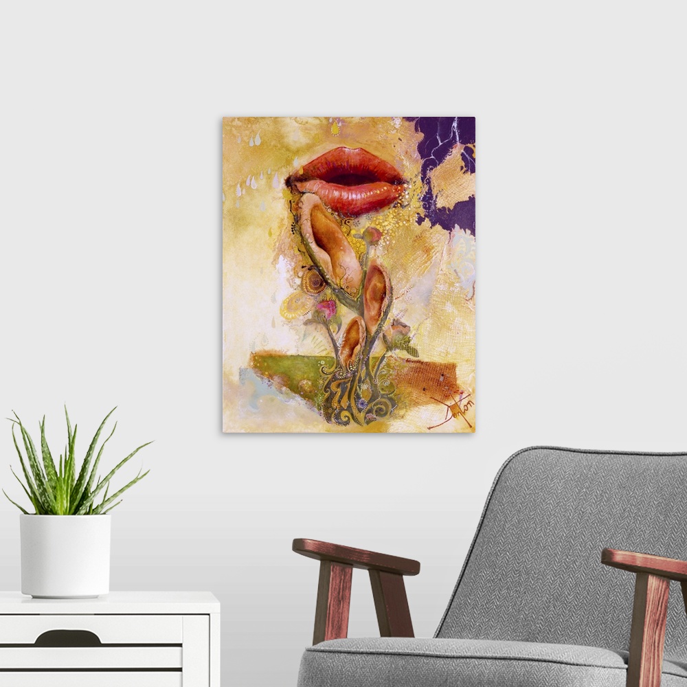 A modern room featuring A contemporary painting of a set of red lips seen with ears on green stems against a golden textu...