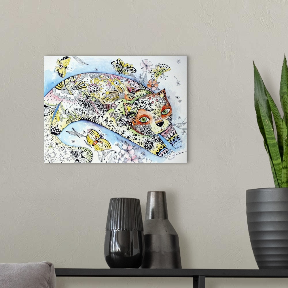 A modern room featuring Contemporary painting of a cat decorated with floral elements leaping among butterflies.