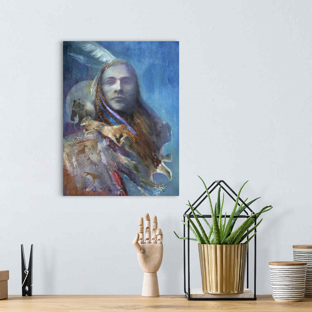 A bohemian room featuring Native American man wearing a white feather in his hair.  Around his shoulders and chest is a bea...