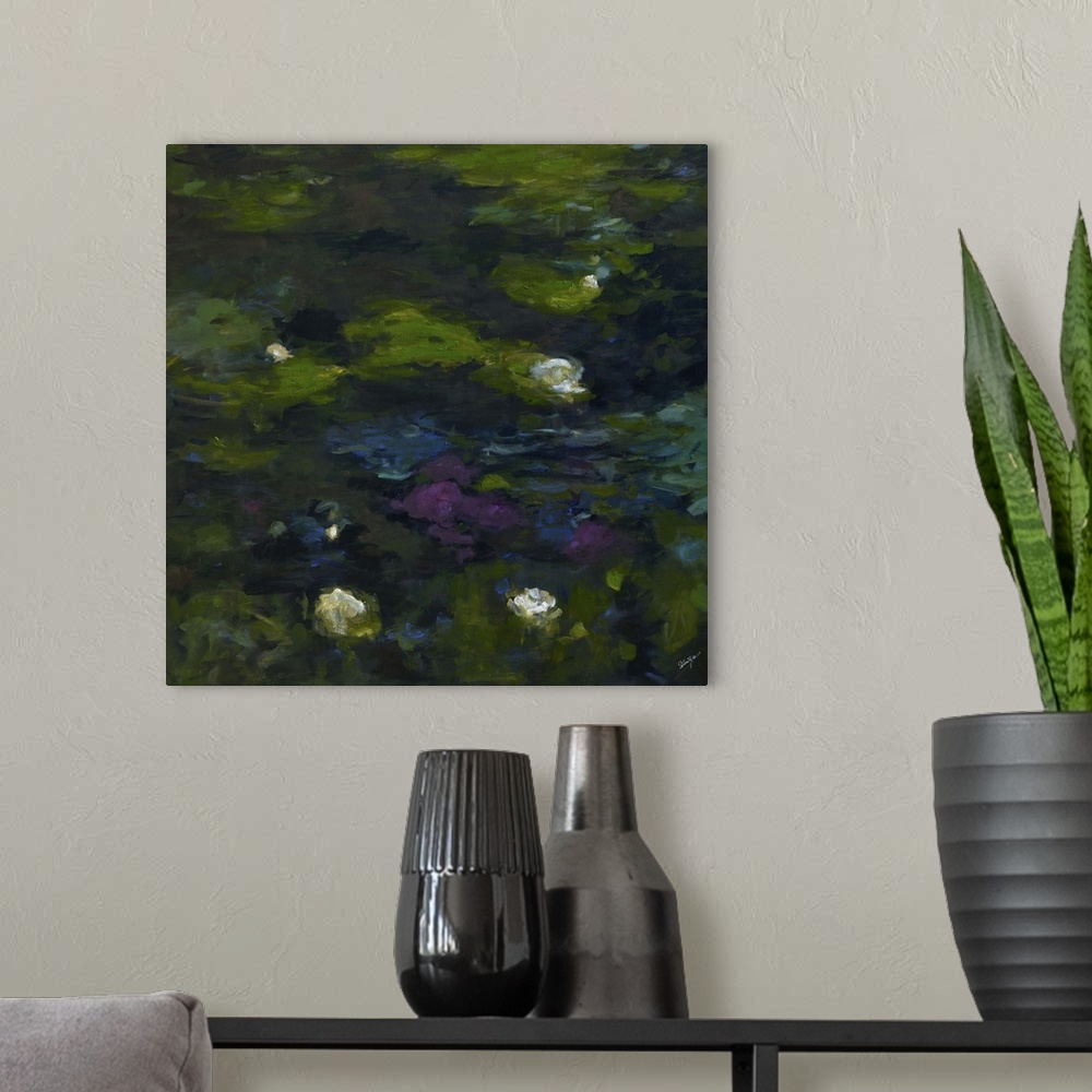 A modern room featuring Contemporary painting of small white flowers in a green garden pond.